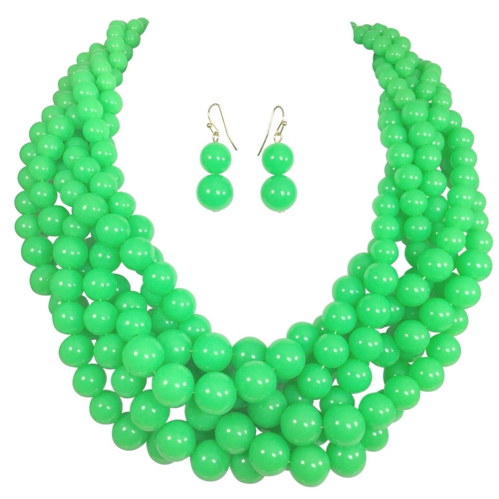 Neon Green Chunky Braided Bead Necklace Set